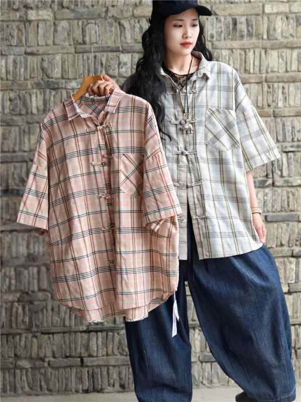レディース トップス シャツ エスニック ボヘミアン ピンク チェック 半袖 シャツ 夏 小さめ ゆったり レトロ ボタン ジャケット ポロカラー シングルブレスト 複数のボタン