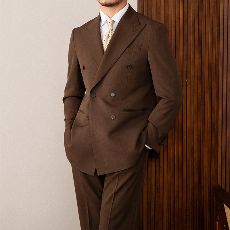 スーツ ジャケット パンツ メンズ おしゃれ スタイリッシュ 春 ブラウン ダブルブレスト イタリア ナポリ メンズ 大きめサイズ ダブルスリット