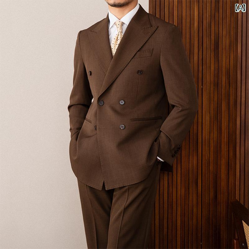 スーツ ジャケット パンツ メンズ おしゃれ スタイリッシュ 春 ブラウン ダブルブレスト イタリア ナポリ メンズ 大きめサイズ ダブルスリット