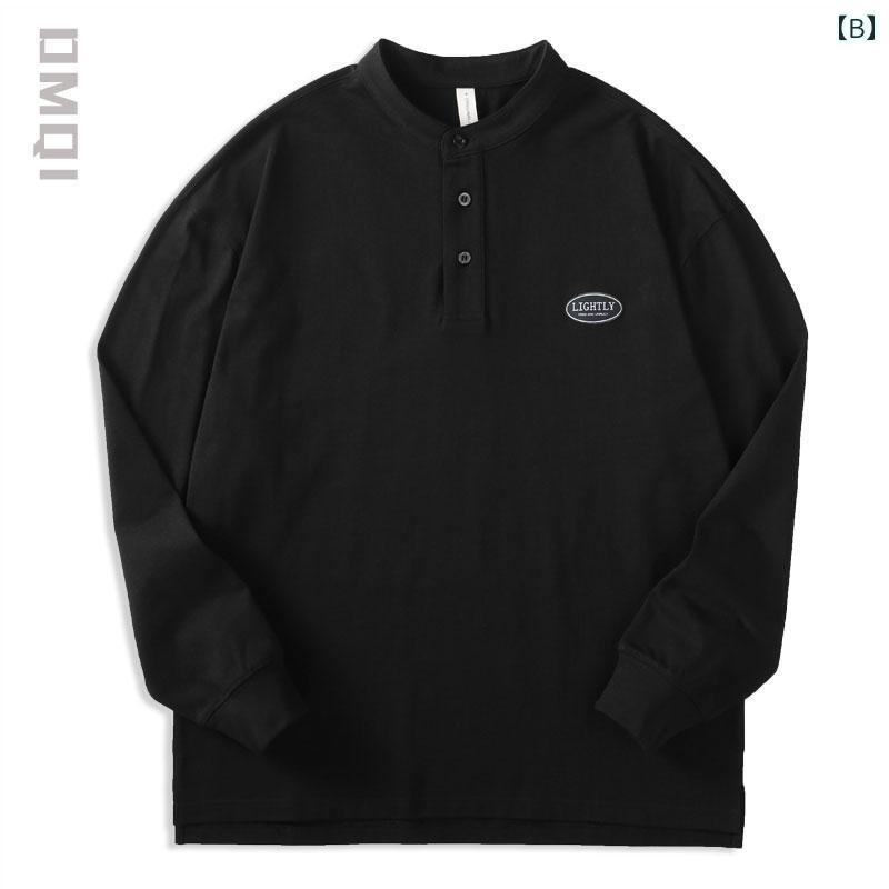 メンズ 秋冬 長袖 Tシャツ 綿 アメリカン ヘンリー カラー ホワイト オーバーサイズ 厚手 ポロ トレーナー シャツ コットン