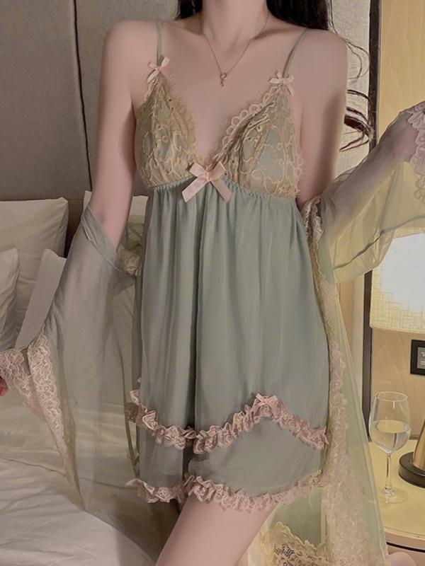 ベビードール ランジェリー パジャマ レディース 春夏秋 キャミソール ナイトガウン セット かわいい お泊り 魅惑 胸パッド レース ひんやり 涼しい 快適