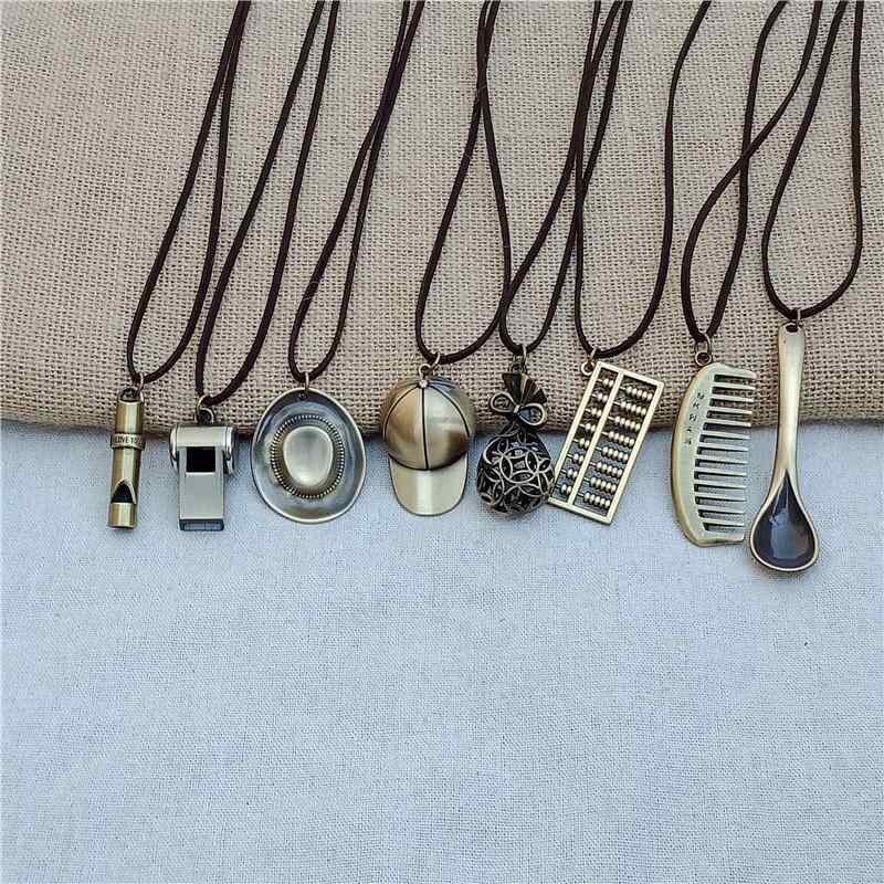 ネックレス レトロ 帽子 ホイッスル コーム そろばん 革 ロープ ペンダント メンズ レディース 学生 セ..