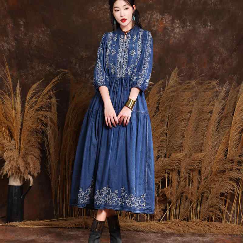 デニム ワンピース レディース 春秋 刺繍 デニムロングスカート ウエスト ドレス レトロ ミドルスリーブ スリム エスニック ボヘミアン おしゃれ Aラインスカート フレアスカート 妊婦さんにも
