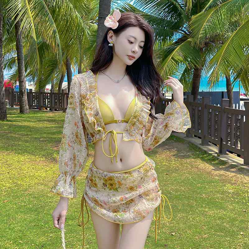 Rakuten - レディース 水着 セクシー ビキニ 4点セット 長袖 着痩せ ウエストカバー 温泉 胸パッド ワイヤーし 体型カバー シフォン