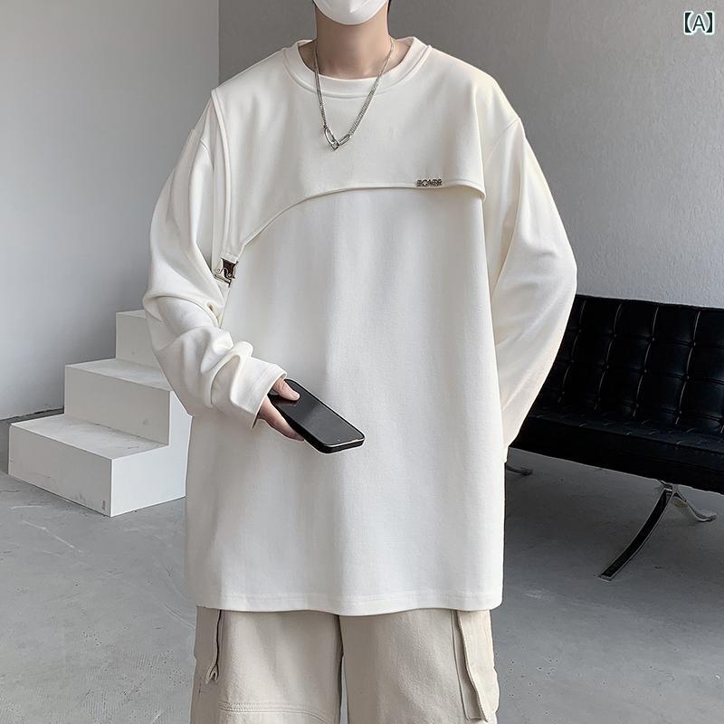 トップス 韓国 メンズ コットンウール ラウンドネック 春 長袖 レジャー ゆったり 金属装飾 メンズ メンズファッション