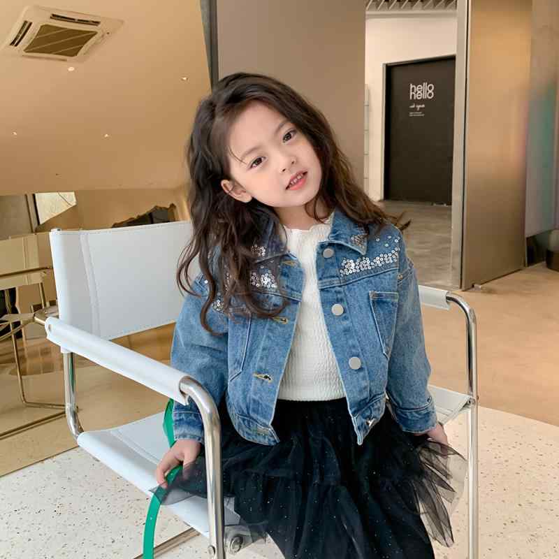 ジャケット 上着 キッズ 子供 おしゃれ ファッション カジュアル 女の子 デニム春秋 ブルー スパンコール キラキラ トップス 韓国 女の子 長袖