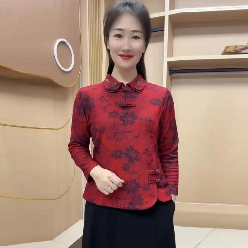 Other - レディース 婦人服 秋冬 起毛 スリム ストレッチシャツ 長袖 刺繍 プレート ボタン チャイナ シャツ 服 トップス 上品