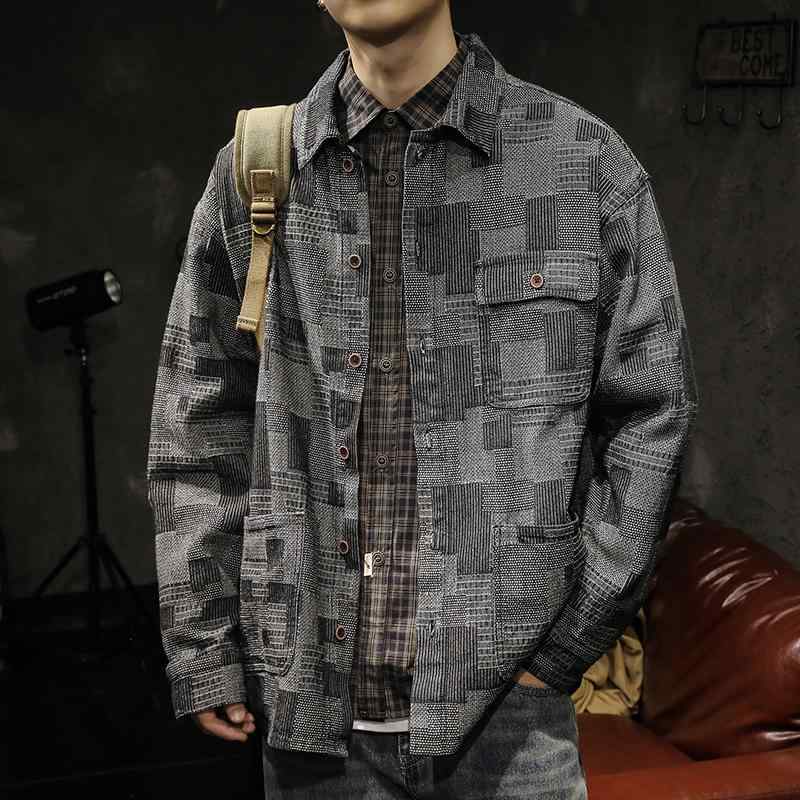 メンズ ジャケット シャツ 秋冬 アウターウェア 襟 スクエアネック 前開きボタン ランダムチェック 不規則柄 ゆったり 綿混紡 ビスコース ポリエステル パッチワーク ノーアイロン カジュアル 黒 ブラック 大きめサイズ メンズ ポケット ワークシャツ