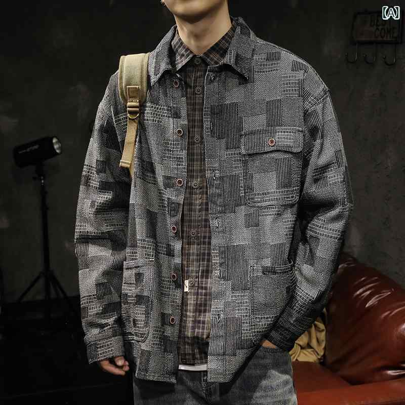 メンズ ジャケット シャツ 秋冬 アウターウェア 襟 スクエアネック 前開きボタン ランダムチェック 不規則柄 ゆったり 綿混紡 ビスコース ポリエステル パッチワーク ノーアイロン カジュアル 黒 ブラック 大きめサイズ メンズ ポケット ワークシャツ