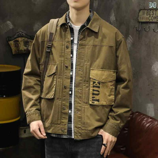 メンズ カーキ 作業着 長袖 シャツ 春秋 カジュアル ジャケット シングルブレスト 短い ゆったり ワッペン飾り ポケット アウターウェア メンズ カーキ 作業着 長袖 シャツ 春秋 カジュアル ジャケット シングルブレスト 短い ゆったり ワッペン飾り ポケット アウターウェア