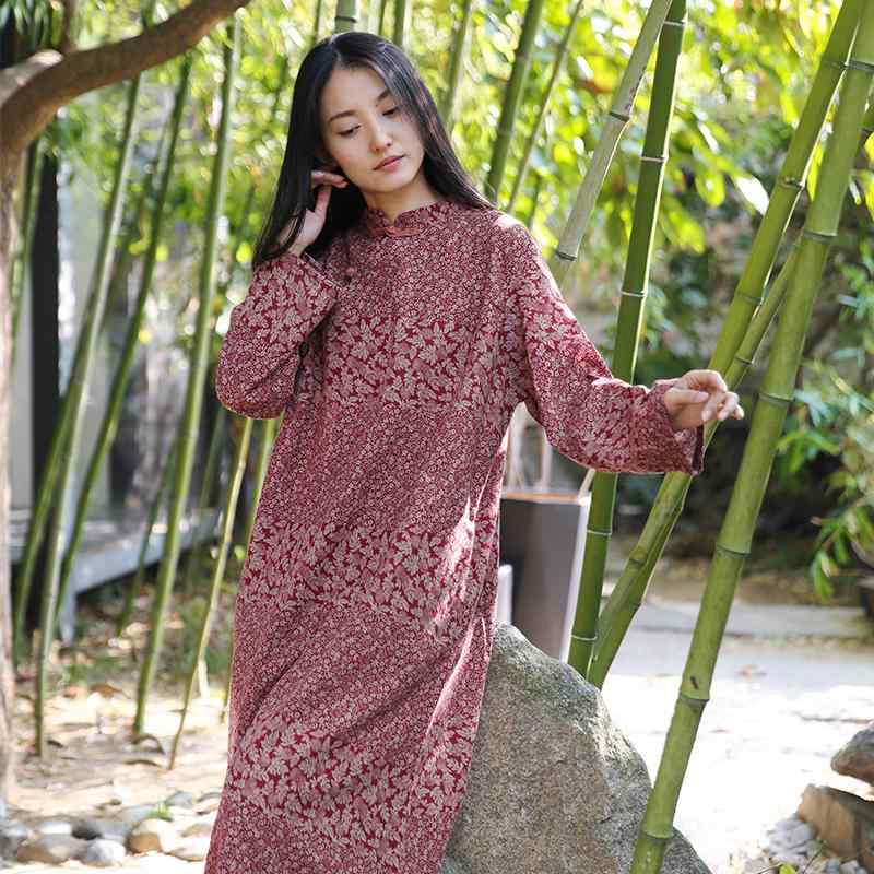Women's Cheongsam Ethnic Oversized Slimming Dress Spring Floral Suit Retro Stand Collar Button A-line Cotton Linen Long Chinese Traditional Clothing Hanbok Gentle Colors