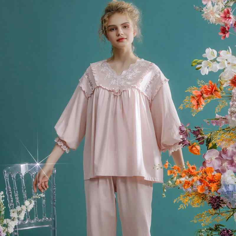 パジャマ レディース 宮殿風 七分袖 レース フリル シフォン ロングパンツ 上下セット 薄手 ガーリーフレンチ ゆるかわ トップス プルオーバー ブラウス ルーム ナイト ホームウェア お家 デート お泊 リラックス 入院 女子会 美映え