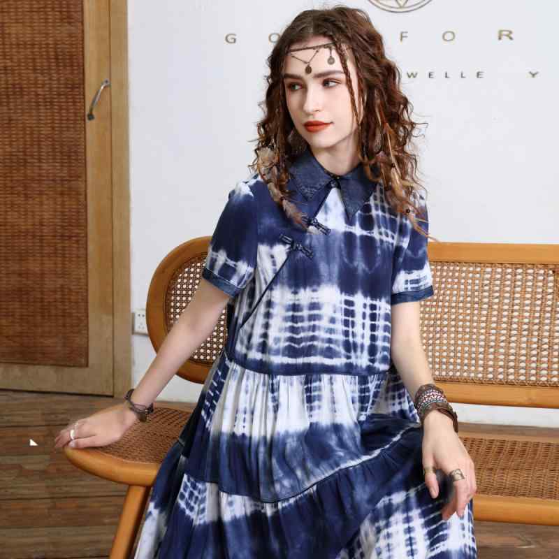 レディース 夏 エスニック ボヘミアン おしゃれ フラッグ ドレス ウエスト 半袖 丈 絞り染め ブルー ス..