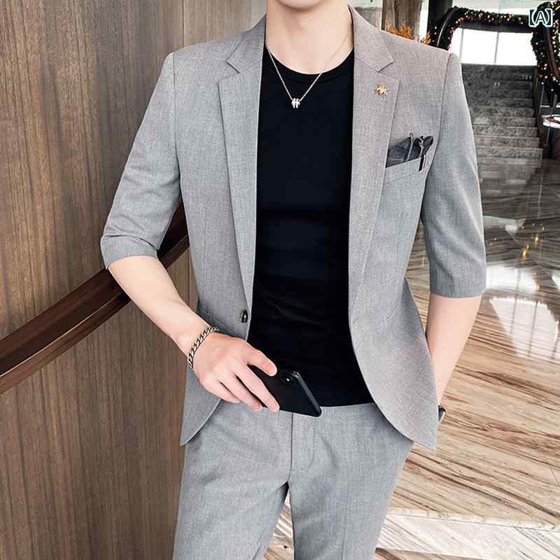 スーツ ジャケット パンツ メンズ おしゃれ スタイリッシュ カジュアル 夏 薄手 シングルブレスト 半袖 大きめサイズ スリムフィット ポリエステル メンズ