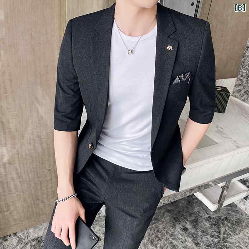 スーツ ジャケット パンツ メンズ おしゃれ スタイリッシュ カジュアル 夏 薄手 シングルブレスト 半袖 大きめサイズ スリムフィット ポリエステル メンズ