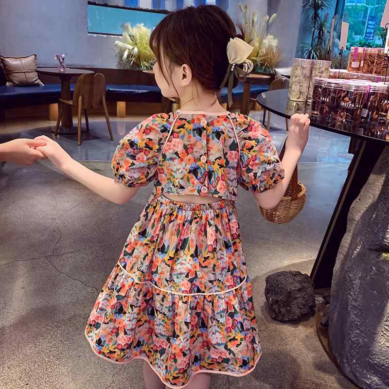 女の子 ワンピース 夏 子供 花柄 コットン 少女 パフスリーブ プリンセス ドレス 韓国 Aライン スカート オレンジ