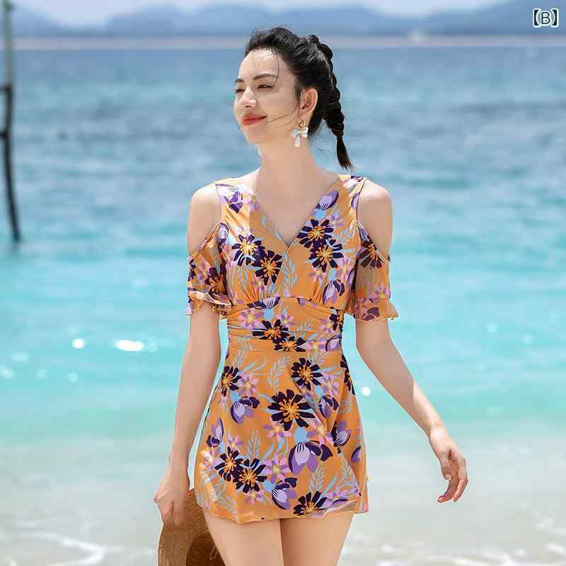 セキュアデポの水着 おしゃれ 洋服見え 体型カバー レディース スカートワンピース お腹カバー 温泉 旅行 プール リゾート ビーチ レジャー カジュアル ぽっちゃりカバー 肩出し｜アングル3