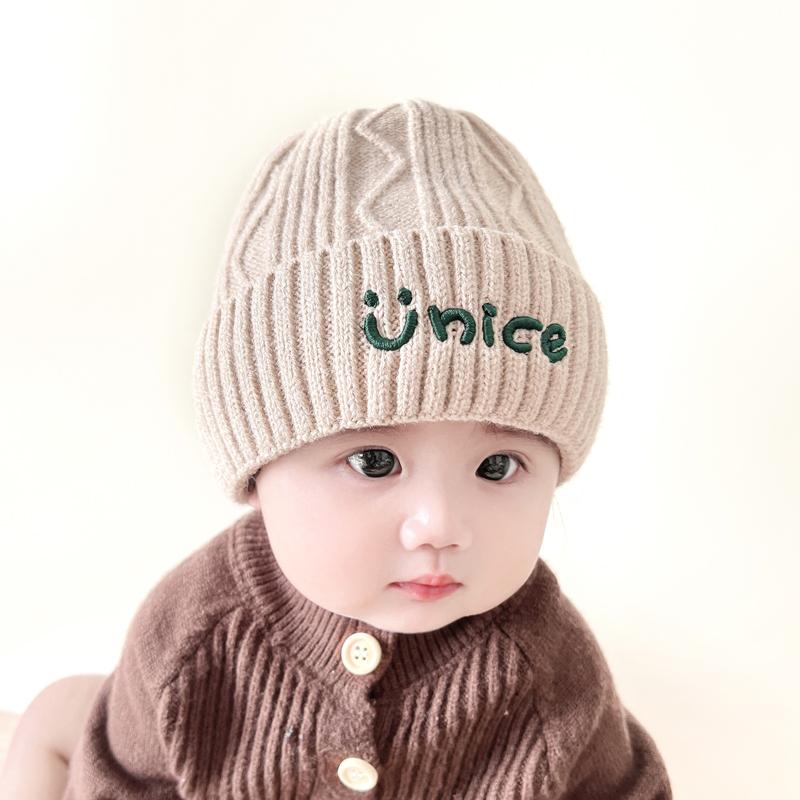 キッズ ベビー ニット帽 スマイリーフェイス かわいい 帽子 秋冬 幼児 男の子 ウール プルオーバー 帽..