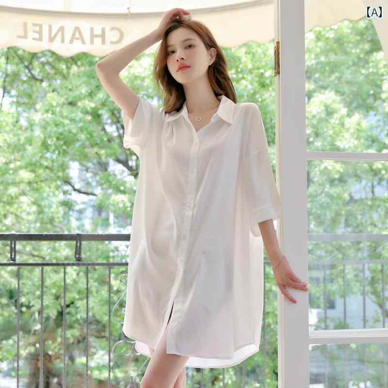 パジャマ ナイトウェア 春夏 魅惑 服 涼しげ 薄手 半袖 シャツ ゆったり 大きめサイズ ドレス 白 ポケットし レディース