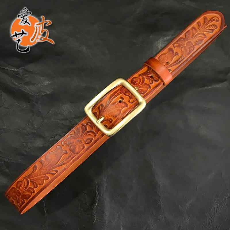 牛革ベルト レトロ 唐草模様 植物 タンニン めし革 厚手 牛革 真鍮 バックル ユニセックス 幅 38cm ピンバックル