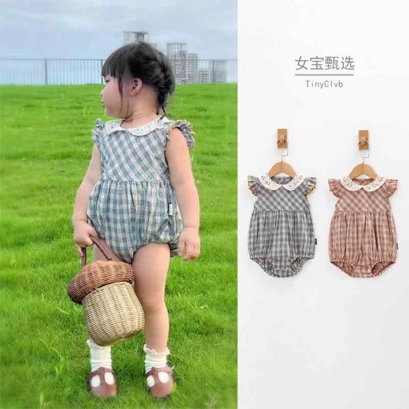 ロンパース プレイスーツ 夏服 ベビー 赤ちゃん 女の子 ベビー服 ジャンプスーツ ワンピース レース フリル チェック コットン かわいい