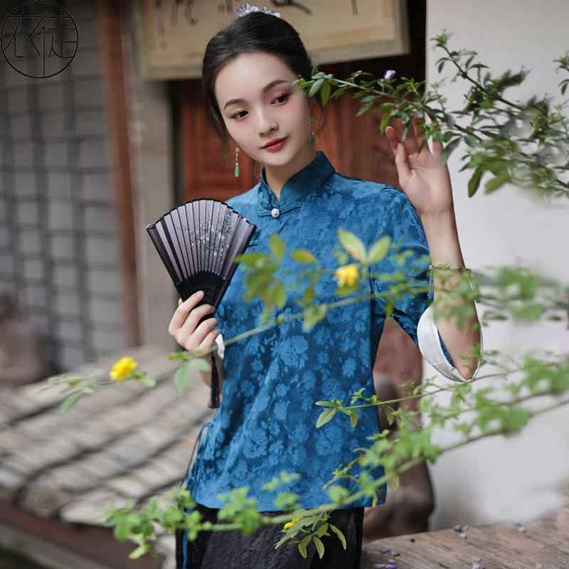 レディース チャイナ風 セットアップ 爽やか トップス 夏 ライト 瞑想服 茶師服 瞑想 モンク 修道 瞑想 瞑想意 スズラン 花柄 ボタン セット スタンドカラー