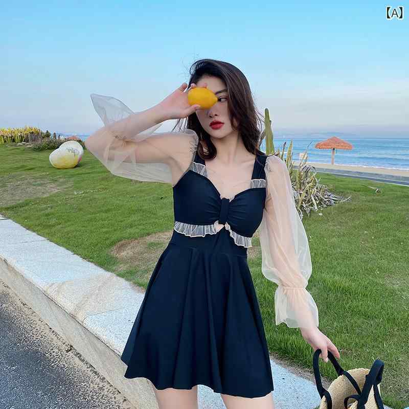 レディース 水着 韓国 ワンピース 長袖 メッシュ スカート お腹カバー スリム 温泉 カジュアル 胸パッド ノンワイヤー フリル