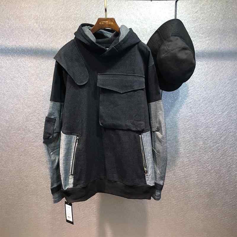 メンズ ファッション 秋冬 パッチワークデニム スウェットシャツ メンズ ダーク マルチポケット ワークウェア ジャケット