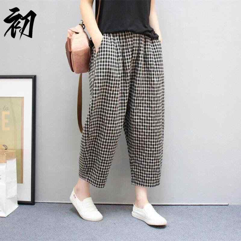 Linen, Hemp - レディース コットン リネン チェック カジュアル レディース 九分丈 パンツ シンプル リネン パンツ オーバーサイズ ゆったり 楽ちん バギーパンツ