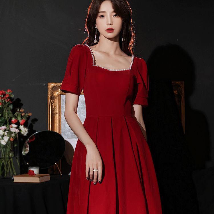 ドレス レディース ブライダル ウェア スリム ビーズ 丈 ドレス 小柄 普段着 着 エレガント パール ミモレ丈 スクエアネック