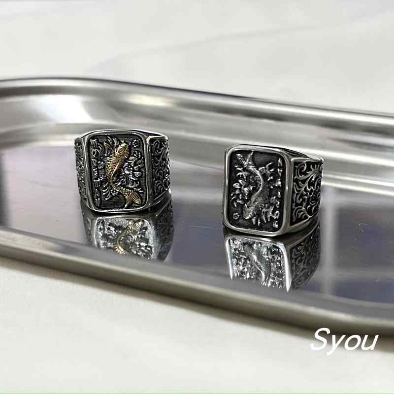 指輪 レトロ 鯉 柄 正方形 幾何学 模様 ステンレス リング ユニセックス ジュエリー メンズ レディース アクセサリー