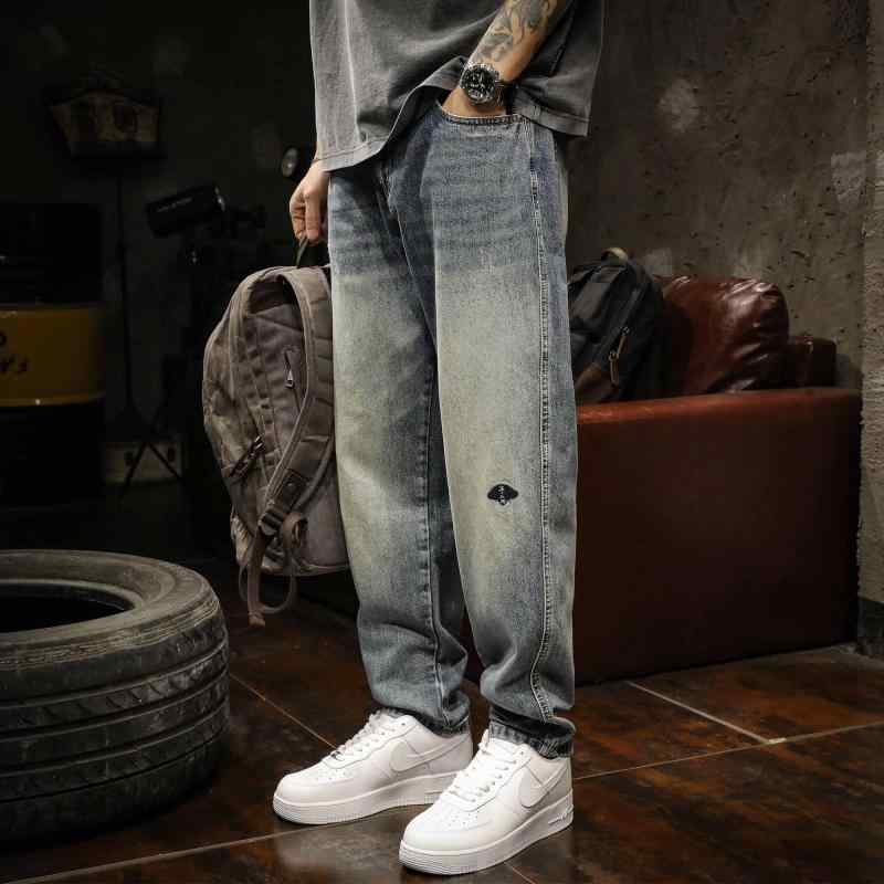 メンズ ロングパンツ 長ズボン アメリカン 春夏秋 デニム ジーンズ ウォッシュド レトロ ヴィンテージ風 カジュアル 長め 綿混紡 ワイド ブルー 青 ストリート ストレート ノスタルジック メンズ 大きめサイズ ボトムス ワイドレッグ