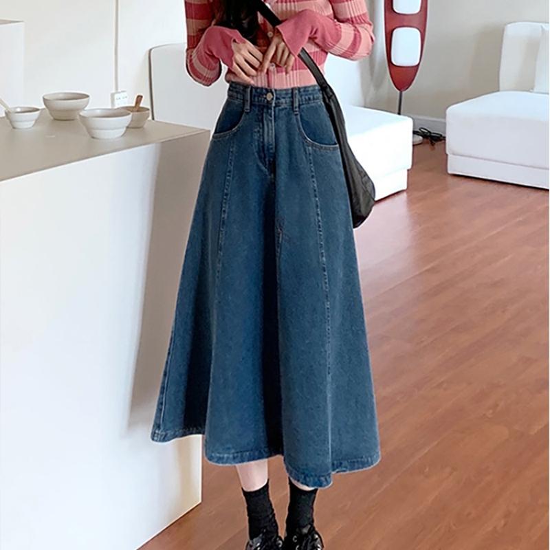 レディース フレア デニム スカート Aライン ミディ丈 ハイウエスト くびれ 細見え 脚長 カジュアル おしゃれ かわいい デート 快適 レジャー 旅行 普段着 仕事着