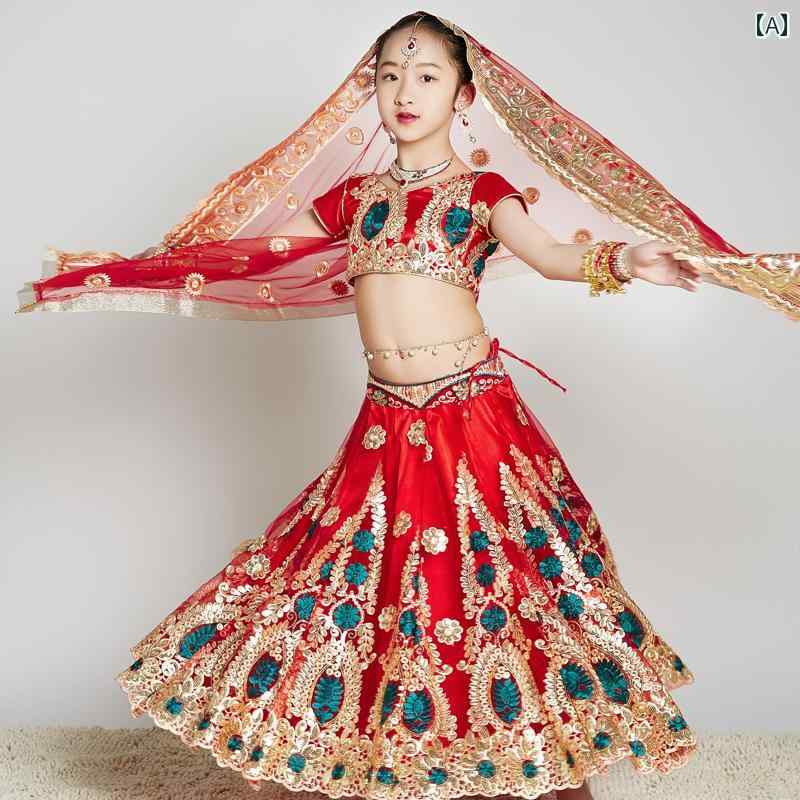 ベリーダンス 衣装 インド ダンス レディース ステージ パフォーマンス 衣装 刺繍 子供 女の子 ゴージャス 赤 ブルー