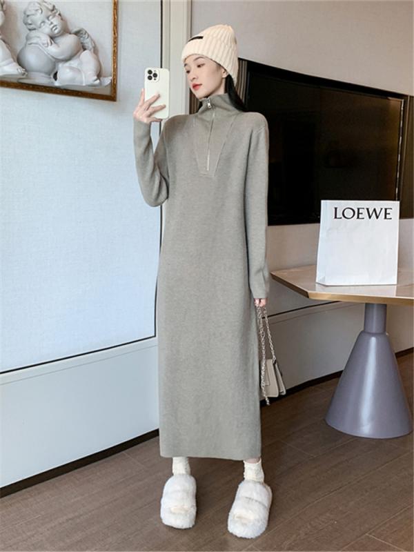 ワンピース ストレート セーター ドレス レディース 秋冬 韓国 ニーハイ ハーフ ハイネックインナー ジッパー ニット ドレス ロング ファッション