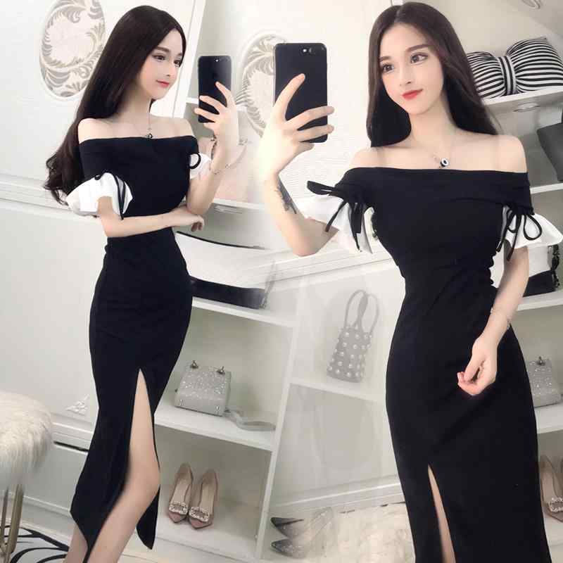 ドレス レディース リトル ブラック ドレス パーティー スリム ワンショルダー パーティー ドレス ハイウエスト ミモレ丈