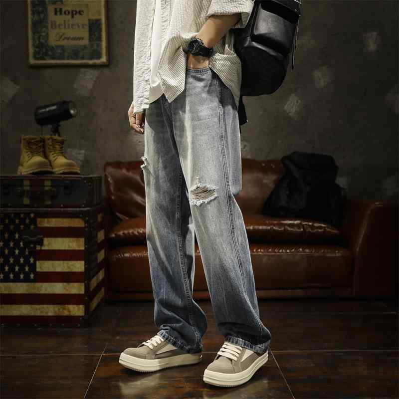 Shoe-Cut Pants - メンズ ロングパンツ 長ズボン アメリカン 春秋 デニム ジーンズ カジュアル レトロ ヴィンテージ風 ウォシュド ダメージ加工 破れ ストリート ストレート 綿混紡 コットン ブルー ノスタルジック メンズ レジャー 大きめサイズ スクラッチ コントラスト