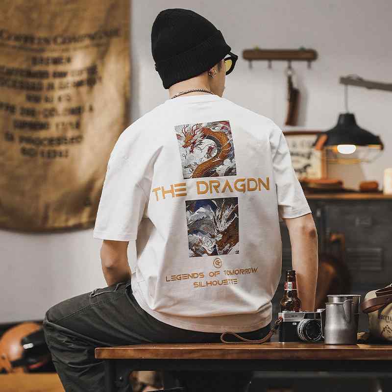半袖 Tシャツ 夏 カジュアル メンズ おしゃれ トップス アメリカン バックプリント ドラゴンイラスト チャイニーズ 中国風 フロントテキスト英文字 通気性 綿 コットン レジャー