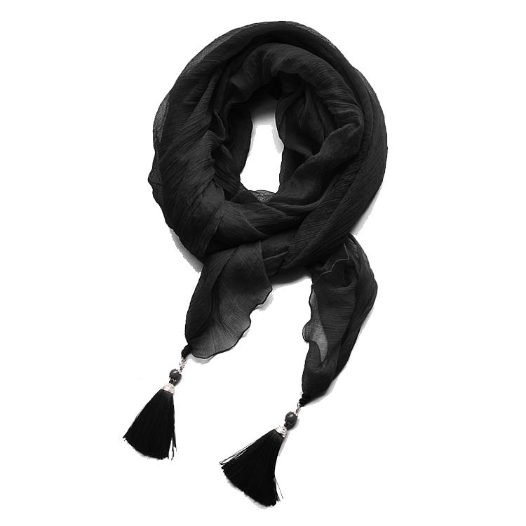 レディース ファッション アクセサリー 雑貨 斜め タッセル マルベリー スカーフ プリーツ レディース 春秋 長い 薄手 黒 ガーゼ ストール