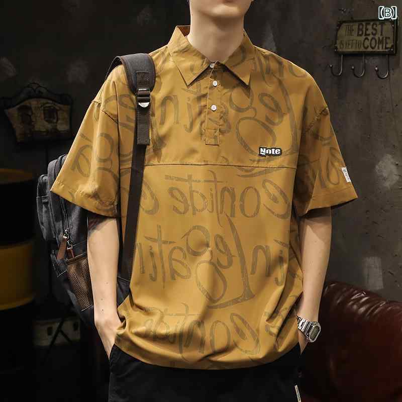 Tシャツ メンズ 夏 アメリカ ストリート 半袖 シャツ イン ファッション ラウンドネック 大きめサイズ ポロシャツ 全面 文字 プリント メンズ ショートスリーブシャツ ポインテッドカラー ゆったり ファッション かっこいい