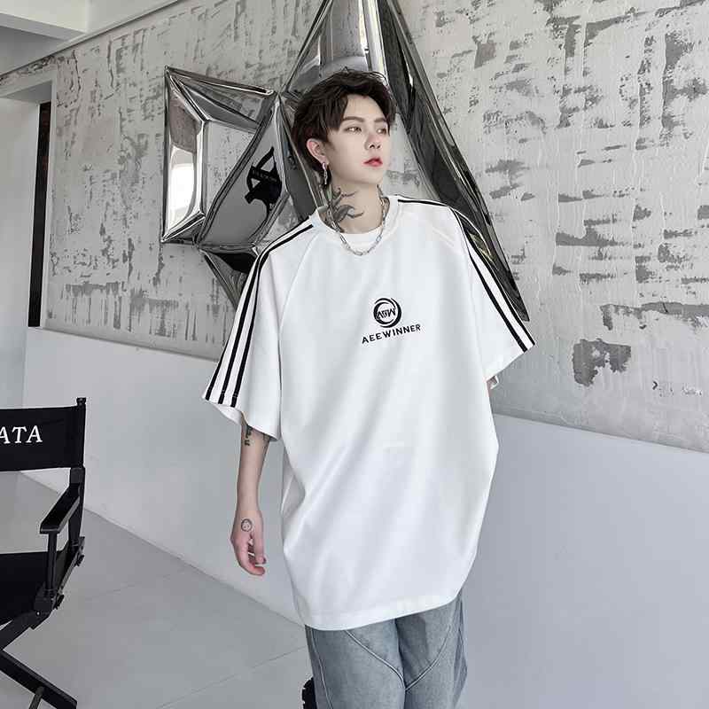 シャツ メンズ おしゃれ 夏 アメリカン ストリート 半袖 Tシャツ コントラスト ウェビング 韓国 厚手 綿 ラウンドネック オールシーズン ゆったり