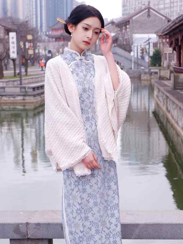 チャイナドレス レディース ブルーミング ガーデニア 夏 秋 レース 長袖 ショール チャイナ ドレス カーディガン ドレス 中国 ロングチャイナ ハイスリット