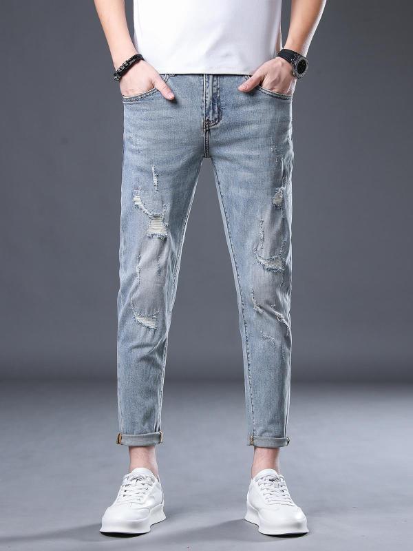 デニムパンツ 夏 メンズ おしゃれ着 Gパン カジュアル 9分丈 ジーンズ ライト ブルー パッチ ホール パンツ ストレッチ スリムフィット