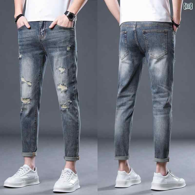 デニムパンツ 夏 メンズ おしゃれ着 Gパン カジュアル 9分丈 ジーンズ ライト ブルー パッチ ホール パンツ ストレッチ スリムフィット