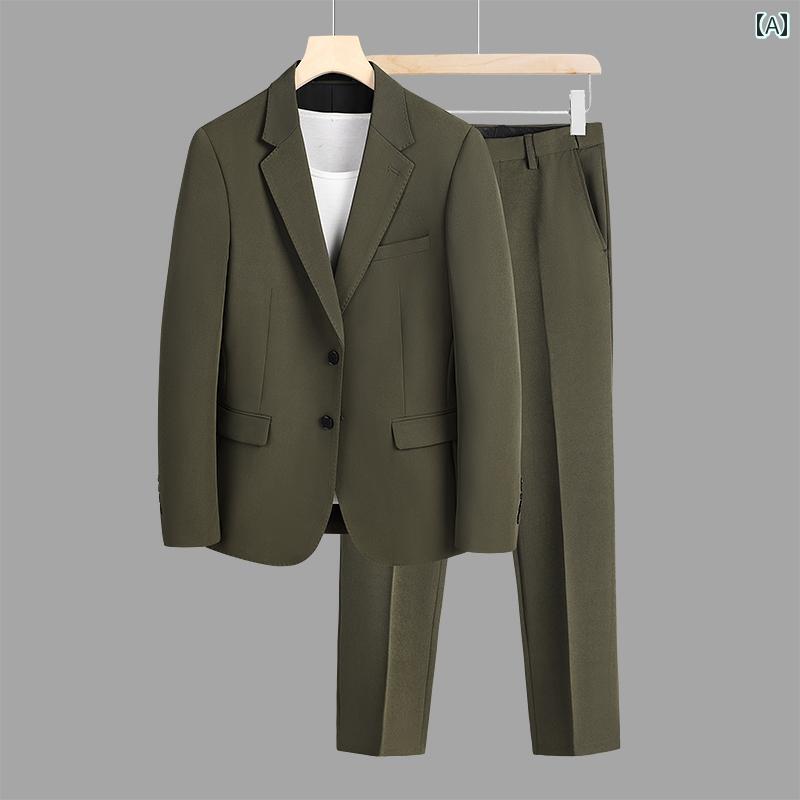 メンズ フォーマルスーツ オリーブグリーン 都会 おしゃれ カジュアル 春秋 韓国 スリム ビジネス 大きめサイズ 2点 セット 紳士 かっこいい シングルブレスト バックスリット