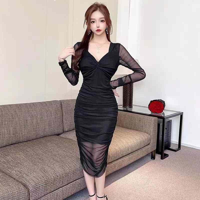 キャバドレス んめっく ハイウエスト ヒップスカート 秋 ミモレ丈スカート メッシュ キャバ 長袖 ヒップハグドレス