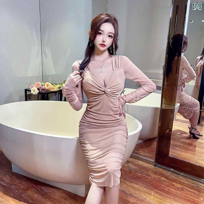 キャバドレス んめっく ハイウエスト ヒップスカート 秋 ミモレ丈スカート メッシュ キャバ 長袖 ヒップハグドレス