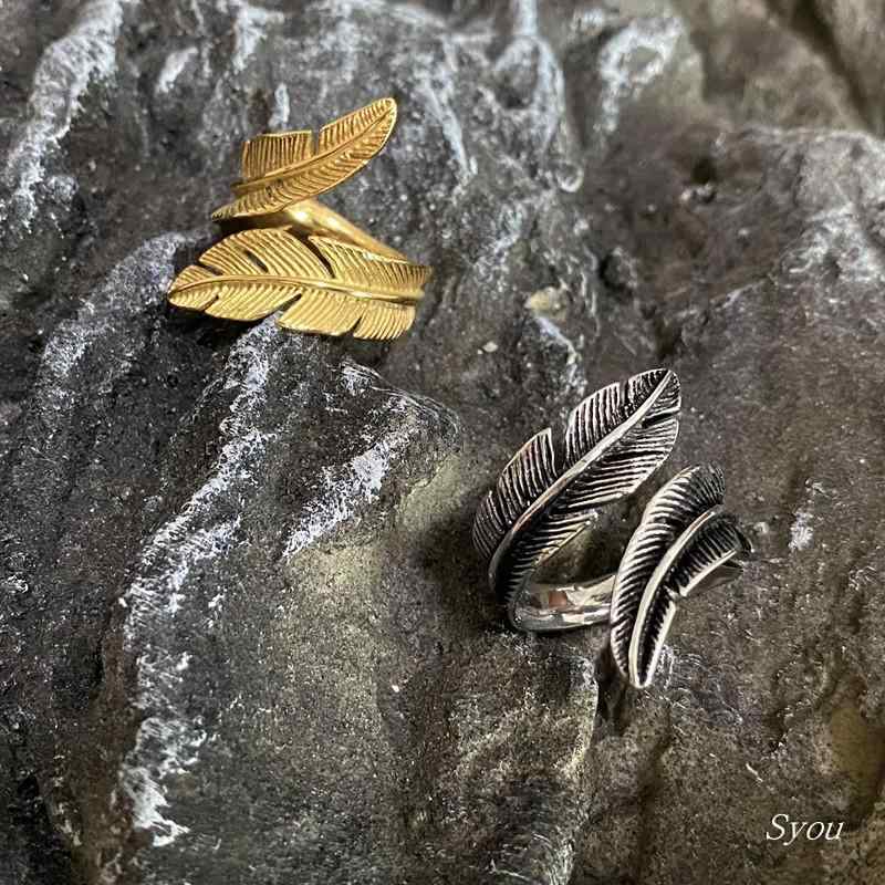 指輪 レトロ フェザー チタン鋼 リング 韓国 メンズ レディース カップル ゴールド リング ジュエリー 開口部 アクセサリー