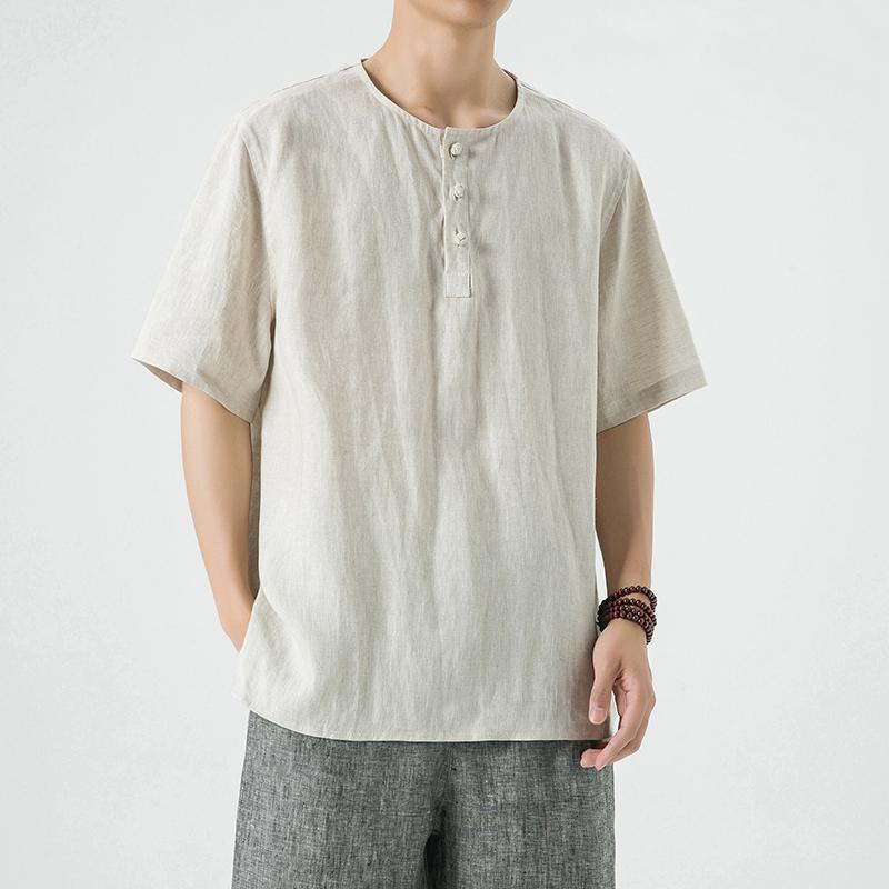 チャイニーズ メンズ 夏 リネン 通気性 半袖 Tシャツ チャイナ風 薄手 トップス バックル レトロ 漢服 都会 中国 ラウンドネック 無地 シンプル カジュアル