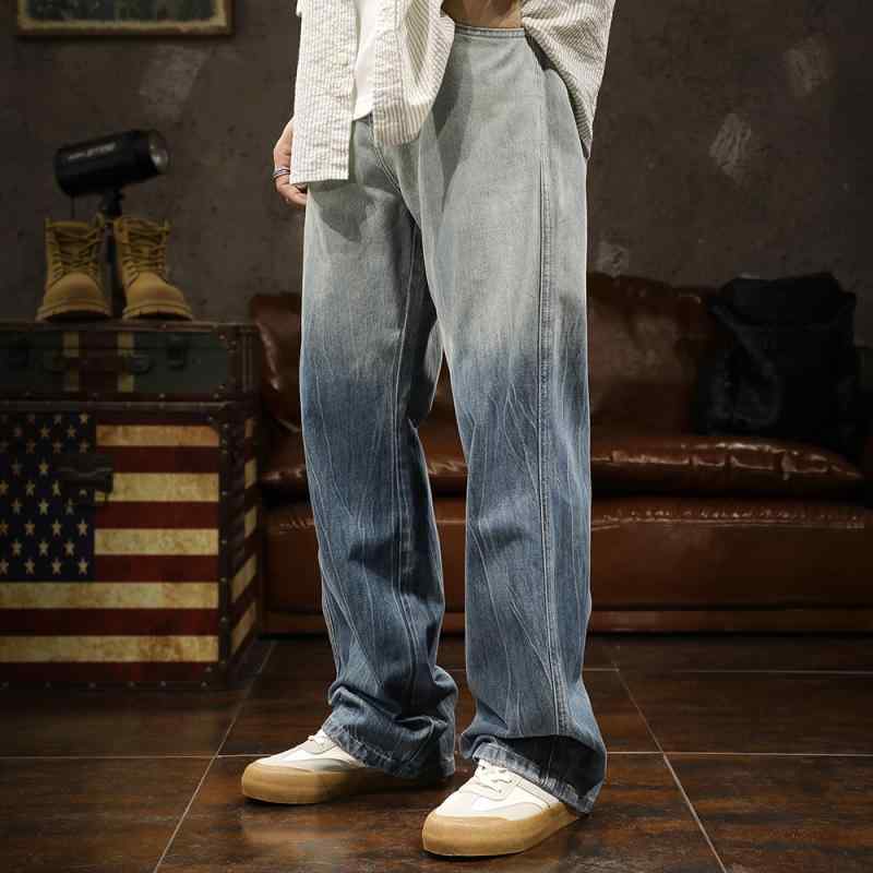デニムパンツ メンズ メンズ 長ズボン ロングパンツ ボトムス 春夏秋 アメリカン ストリート ジーンズ デニム レトロ ウォッシュド グラデーション 絞り染め ストレート ストレッチ性し 綿混紡 リヨセル カジュアル レジャー 長め ゆったり 大きめサイズ ブルー